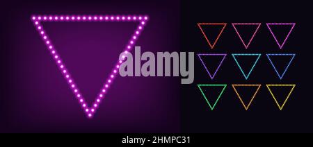 Neon-Dreieck-Rahmen mit Lampen. Leuchtendes Neon-Dreieck-Bordüre mit Glühbirnen. Girlande-Rahmen mit Kopierraum, Vektor-Vorlagen mit dreieckiger Form fo Stock Vektor