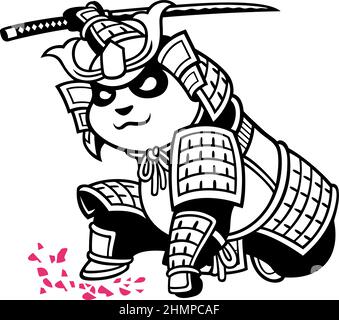 Der Samurai-Panda posiert mit Einem Katana-Schwert und fallenden Sakura-Blütenblättern Stock Vektor