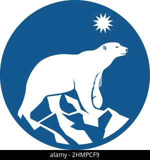 Eisbär, der auf einem Schneeberg unter dem Nordstern steht Stock Vektor