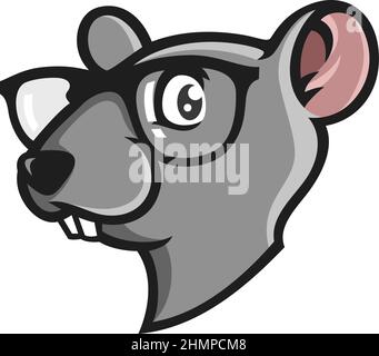 Kopf der Maus mit Nerd Gläser Cartoon Charakter Design Stock Vektor