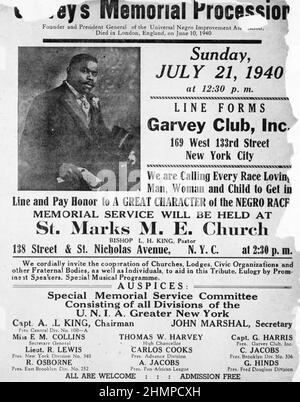 MARCUS GARVEY ( 1887-1940) Jamaikanischer Journalist, Verleger und politischer Aktivist starb am 10. Juni 1940. Plakat für eine New Yorker Gedenkprozession. Stockfoto