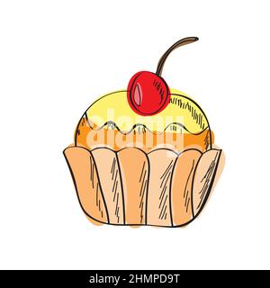 Handgezeichneter Cupcake-Vektor-Doodle-Illustration. Cartoon-Kuchen. Isoliert auf weißem Hintergrund. Süß. Handgezeichnetes einfaches Element Stock Vektor