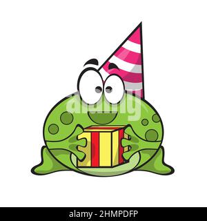 Lustige niedliche Geburtstagskarte mit Baby Frosch trägt Party Hut, niedlich lächelnd glückliches Tier für Kinder. Vektor Kinder Cartoon Illustration. Stock Vektor