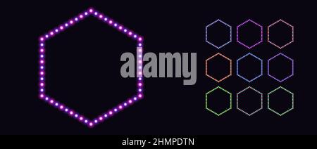 Neon-Sechskantrahmen mit zweifarbigen Lampen. Leuchtendes Neon-Sechskantbordset mit Glühbirnen. Girlande sechseckige Rahmen mit Kopierraum. Vektorvorlagen für Bann Stock Vektor