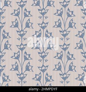 Abstrakt bluebell Blume Vektor nahtlose Muster Hintergrund. Stilisierte Vintage Campanula Blumen auf vertikal gestreiften blau weißen Hintergrund. Formell Stock Vektor