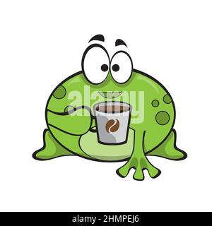 Niedlichen Frosch glücklich mit einer Tasse heißen Kaffee. Niedliche Cartoon Tier Illustration auf weiß Stock Vektor