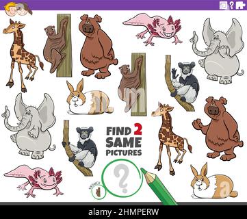 Cartoon Illustration der Suche nach zwei gleichen Bildern pädagogische Spiel mit Cartoon wilde Tiere Charaktere Stock Vektor