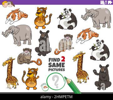 Cartoon Illustration der Suche nach zwei gleichen Bildern pädagogische Spiel mit Cartoon Tiere Charaktere Stock Vektor