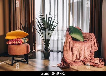 Luxuriöses, sonniges Wohnzimmer mit bunten Kissen auf gepolstertem Hocker, dekorativer Zimmerpflanze und Sessel vor dem Fenster Stockfoto