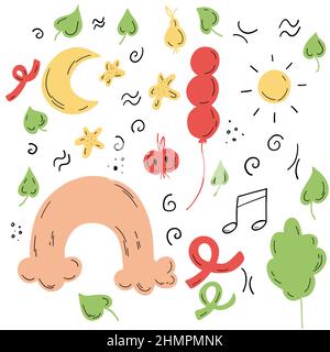 Doodle Kinderelemente mit Regenbogen, Blättern, Wolken, Mond und Sonne. Stock Vektor