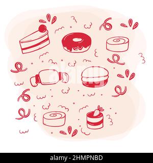 Backwaren-Set mit Kuchen, Croissant, Makronen, Donut und Zimtrollen. Stock Vektor