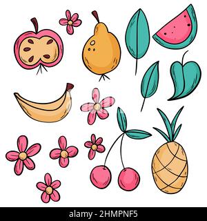 Früchte im Doodle-Stil mit Ananas, Apfel, Birne, Wassermelone, Banane, Kirsche mit schwarzem Umriss. Stock Vektor