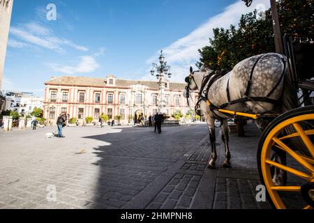 Brunnen der Straßenlaterne, Plaza de la Virgen de los Reyes, Sevilla Stockfoto