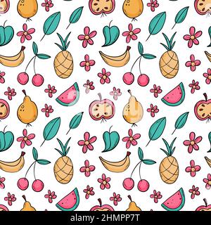 Doodle Stil Früchte nahtlose Muster mit Ananas, Apfel, Birne, Wassermelone, Banane, Kirsche mit schwarzem Umriss. Stock Vektor