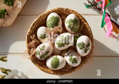 Weiße Ostereier in einem Korb mit Kräutern, die daran befestigt sind, bereit, mit Zwiebelschalen gefärbt zu werden, Draufsicht Stockfoto