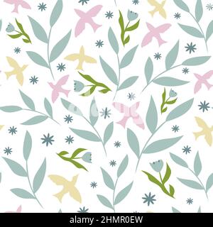 Natürliche Blätter Vogel Blume Frühling flach Muster. Florale Textil-Stoff Hintergrund Licht blühenden Stil. Design Web Scrapbook Magazin Einladung Postkarte nahtlose Natur Element auf weiß Stock Vektor