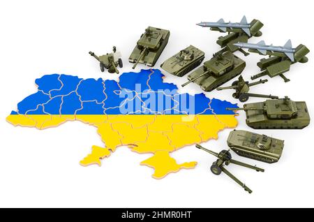 Militärischer Angriff auf die Ukraine. Kampffahrzeuge in der Nähe der ukrainischen Karte. 3D Darstellung isoliert auf weißem Hintergrund Stockfoto