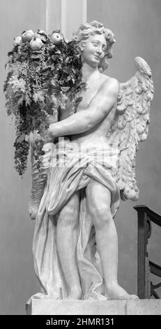 Forlí, ITALIEN - 11. NOVEMBER 2021: Die barocke Engelsstatue mit den Blumen auf dem Hauptaltar in der Kirche Chiesa di Santa Lucia. Stockfoto