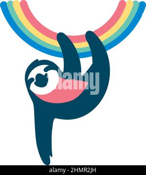 Eine minimalistische Illustration eines schwarzen Faultieres, der an einem Regenbogen hängt Stock Vektor