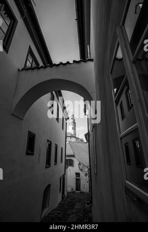 Alte Straße in Cesky Krumlov Stadt, Tschechische Republik. Schwarz-weiße Stadtansicht, Weitwinkelaufnahme Stockfoto