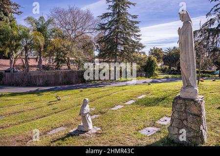 Santa Barbara, Kalifornien, USA - 8. Februar 2022: Calvary Cemetery. Statue unserer Lieben Frau von Lourdes Gruppe auf grünen Begräbniswiese mit Bäumen und Gehäuse in b Stockfoto