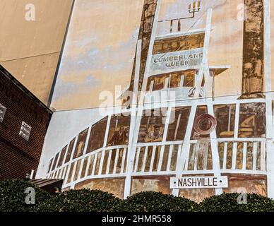 Wandbild des Cumberland Queen Paddelraddampfes, Nashville, Tennessee, USA Stockfoto