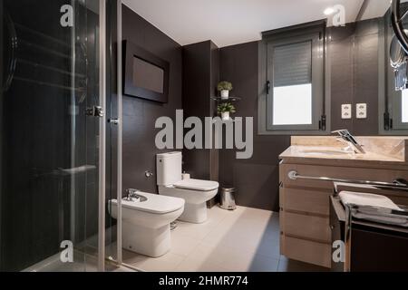 Modernes Badezimmer mit dunkelbraunen gefliesten Wänden, Dusche, weißen Toilettenschüsseln und cremefarbener Marmorplatte in einer Ferienwohnung Stockfoto