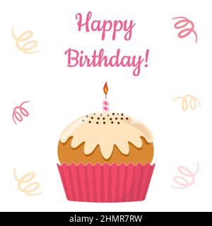 Cupcake mit Pastellcreme, Schokoladenkugeln und verziert mit gestreifter Kerze mit der Aufschrift Text Alles Gute zum Geburtstag. Weißer Hintergrund und Grußkarte, Poster, Vorlage. Vektorgrafik Stock Vektor