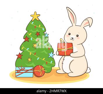 Frohe Weihnachten und glückliches Neues Jahr Kaninchen und Baum, Geschenkbox, Cartoon-Poster. Weihnachtskarte Hase oder niedlichen Hasen zeichnen Charakter Maskottchen. Vektor-Design festliche Illustration, Vorlage Postkarte oder Banner Stock Vektor