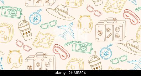 Reisen nahtlose Muster Urlaub Reise Doodle Linie Scrapbook Wrapper. Vintage-Kamera, Schlafmaske Gepäck Koffer Kopfhörer Flugzeug trendigen Druck. Sommerurlaub Cartoon endlose Hintergrund, Verpackung Stock Vektor