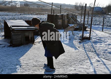 Zaitsewe, Donezk, Ukraine. 5th. Februar 2022. Sofiya (Name griechischer Herkunft, was "Weisheit" bedeutet), 85 Jahre alt, mit ihrem Hund in den Außenbezirken von Zaitseve gesehen.US-Präsident Joe Biden hat alle in der Ukraine verbliebenen amerikanischen Bürger aufgefordert, das Land unverzüglich zu verlassen, unter Berufung auf die zunehmende Bedrohung durch russische Militäraktion. Er sagte, dass er keine Truppen entsenden würde, um die Amerikaner zu retten, wenn Moskau die Ukraine einmarschiert. Der Kreml sagt, er wolle "rote Linien" durchsetzen, um sicherzustellen, dass sein ehemaliger sowjetischer Nachbar nicht der NATO Beitritt (Foto: © Andriy Andriyenko/SOPA Images via ZUMA Press Wire) Stockfoto