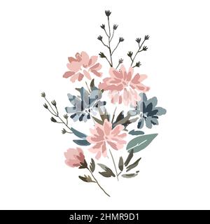 Dekorative Komposition mit niedlichen zarten Pastellblumen im Aquarell-Stil isoliert auf weißem Hintergrund. Stock Vektor