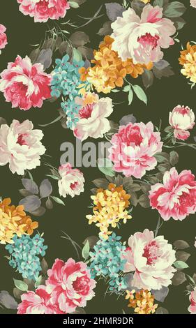 Blumenstrauß, handbemalte Blumen, Digital Textile Print Blumen Stockfoto
