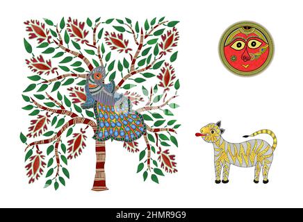 Indische Madhubani Art Style Gemälde von Baum, Tiger, Sonne, Pfau Stockfoto