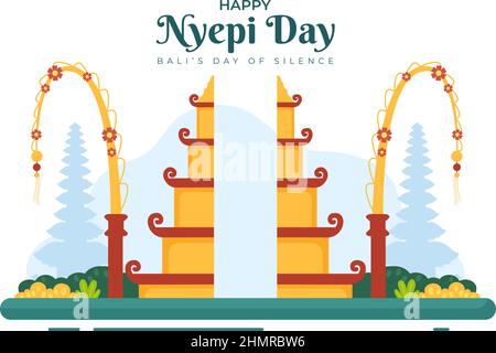 Happy Nyepi Day oder Balis Schweigen zu Hindu-Zeremonien im Hintergrund des Tempels oder Pura Illustration geeignet für Poster Stock Vektor