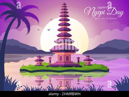 Happy Nyepi Day oder Balis Schweigen zu Hindu-Zeremonien im Hintergrund des Tempels oder Pura Illustration geeignet für Poster Stock Vektor