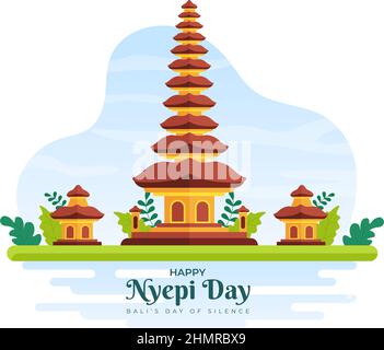 Happy Nyepi Day oder Balis Schweigen zu Hindu-Zeremonien im Hintergrund des Tempels oder Pura Illustration geeignet für Poster Stock Vektor