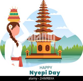 Happy Nyepi Day oder Balis Schweigen für Hindu-Zeremonien auf Bali mit Galungan, Kuningan und Ngembak Geni im Hintergrund der Tempeldarstellung Stock Vektor