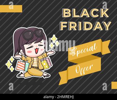 Black friday Verkauf Banner Vorlage mit einem niedlichen Mädchen Shopping Cartoon Illustration Stock Vektor
