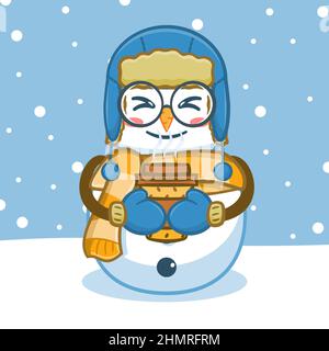 Niedlicher Schneemann hält eine Tasse Kaffee Cartoon-Figur Stock Vektor