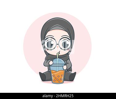Nette muslimische Mädchen tragen Pullover mit trinken Blase Tee Cartoon Illustration Stock Vektor