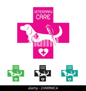 Vektorbild des Tierarztsymbols mit Hundekatze und Vogel auf weißem Hintergrund. Leicht editierbare Vektorgrafik mit Ebenen. Stock Vektor