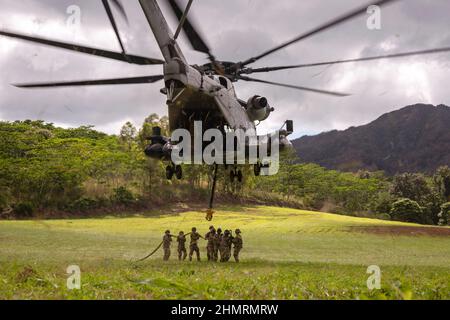 Hawaii, USA. 27th Januar 2022. Ein US Marine CH-53E Super Stallion Hubschrauber, der dem Marine Heavy Helicopter Squadron (HMH) 463 zugewiesen wurde, führt eine Schleuderladung eines Army H-60 Hubschraubers auf der US Army Schofield Barracks, Hawaii, 27. Januar 2022 durch. HMH-463 unterstützte das Downed Aircraft Recovery Team (DART) der 25th Infantry Division der Armee mit Flugzeugunterstützung.Diese Schulung bot sowohl den Marines von HMH-463 als auch 25th ID DART die Gelegenheit, voneinander zu lernen und ihre Fähigkeiten in realen Anwendungen zu entwickeln. Quelle: U.S. Marines/ZUMA Press Wire Service/ZUMAPRESS.com/Alamy Live News Stockfoto