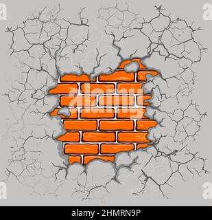 Schäden an alten Gipswänden und roten Ziegelwänden. Vektorgrafik Stock Vektor