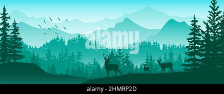 Horizontales Banner. Silhouette von Hirsch, Reh, Rehkitz auf der Wiese. Berge und Wald im Hintergrund. Magische neblige Landschaft, Bäume, Tiere, Stockfoto