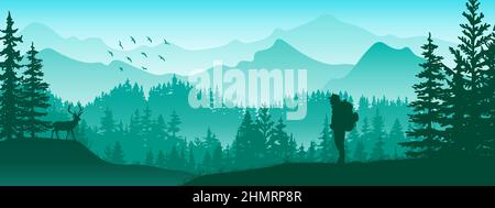 Horizontales Banner. Silhouette des Touristen mit Rucksack steht auf der Wiese im Wald, beobachten Hirsch. Berge und Bäume im Hintergrund. Magisches, nebliges Land. Stock Vektor