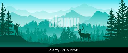 Fotograf auf der Wiese im Wald fotografieren Hirsche. Silhouette von Baum, Mensch, Tier, Bergen. Wilde Naturlandschaft. Horizontales Banner. Stock Vektor