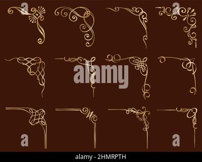 Goldene Vintage-Eckrahmen auf dunklem Hintergrund isoliert. Vektorgrafik Stock Vektor