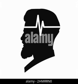 Illustration des medizinischen Vektor-Symbols für die Gehirnenzephälographie auf dem menschlichen Kopf, isoliert auf weißem Hintergrund. Schlaganfall, Epilepsie und Alzheimer-Bewusstsein Stock Vektor