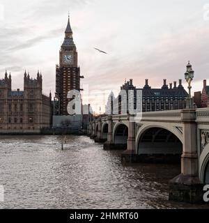 Houses of Parliament mit dem restaurierten Elizabeth Tower, in dem Big Ben bei Sonnenuntergang untergebracht ist. Westminster Bridge rechts. London. Stockfoto